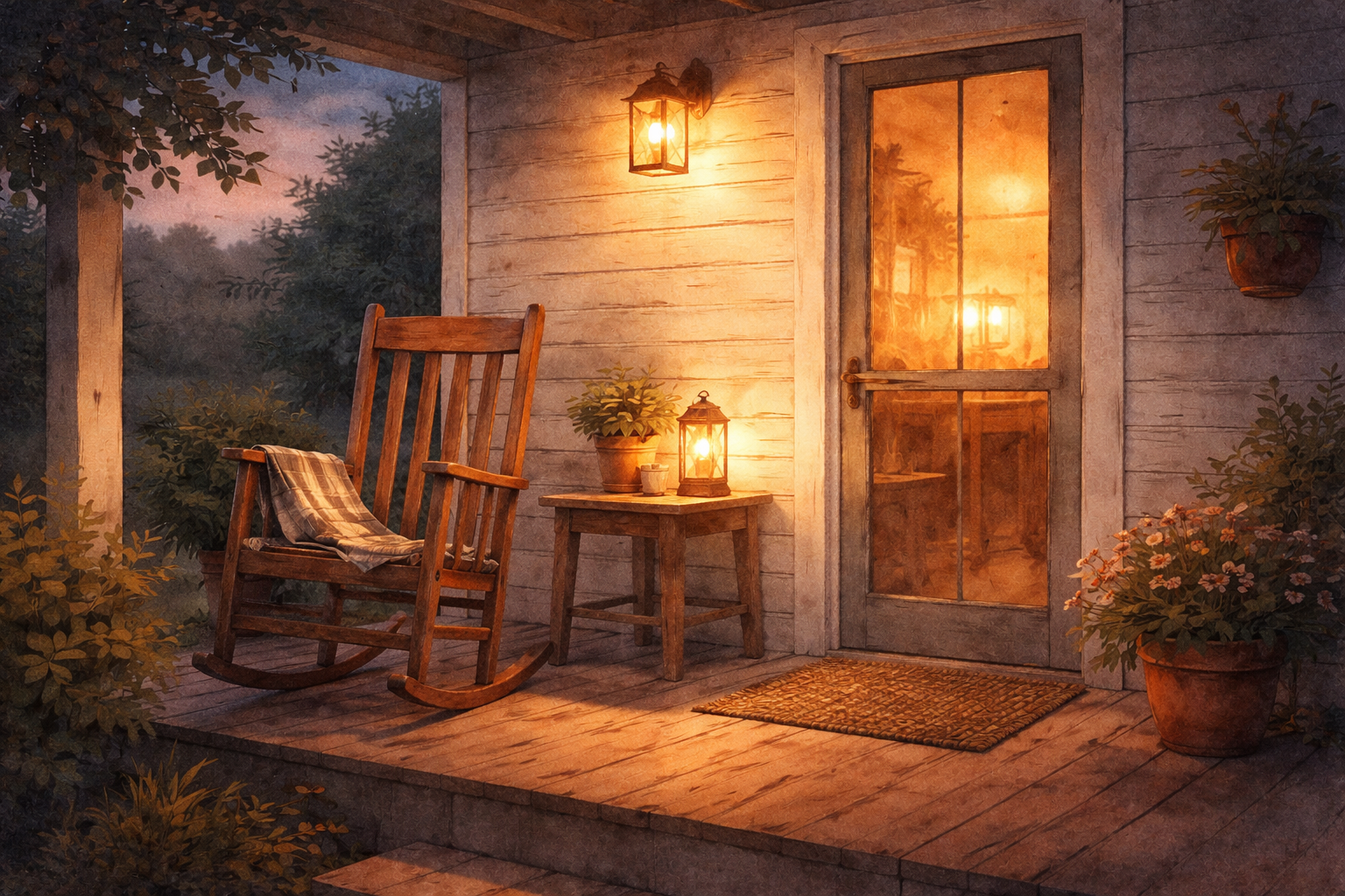A warm porch with the light on and a small table and rocking chair sitting on the porch beside a door.